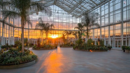 Dramatic sunrise illuminates large potted plants in a modern outdoor sunroom with floor-to-ceiling glass windows and door, showcasing a serene and natural indoor garden concept with warm morning light