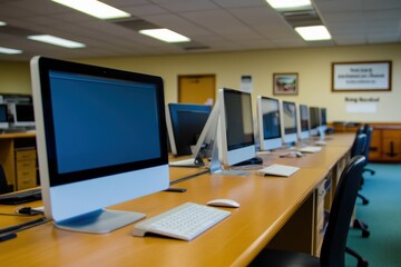 Modern Computer Lab with Multiple Desktops and Keyboards in Educational Environment