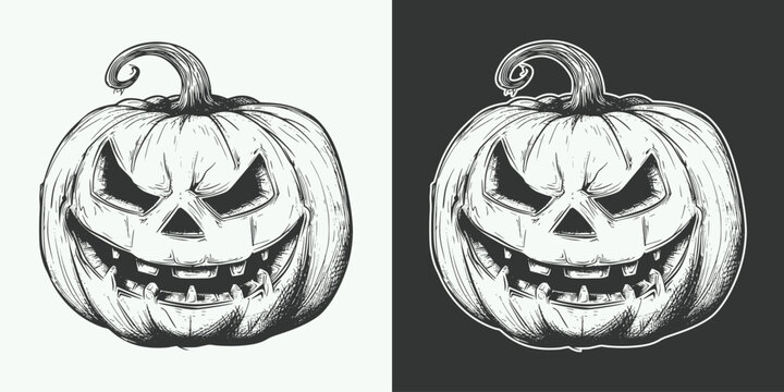 Vintage retro jand drawn engraving illustration of scary halloween spooky pumpking with face illustration