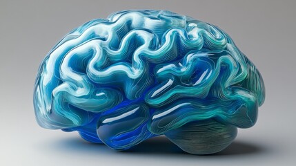 A matte-finished blue 3D brain with subtle glowing effects, isolated on a gradient silver background 