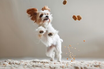 Una scena divertente con un cane che fa una mossa acrobatica per catturare una crocchetta che gli vola incontro, in un'atmosfera allegra e giocosa