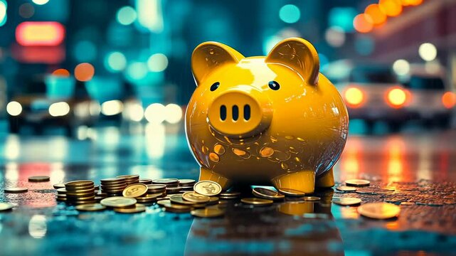 Piggy bank on wet city street at night, coins scattered. Golden piggybank surrounded by shimmering coins. Urban setting enhances enchanting nighttime scenery. Mysterious ambiance in rainy metropolis.