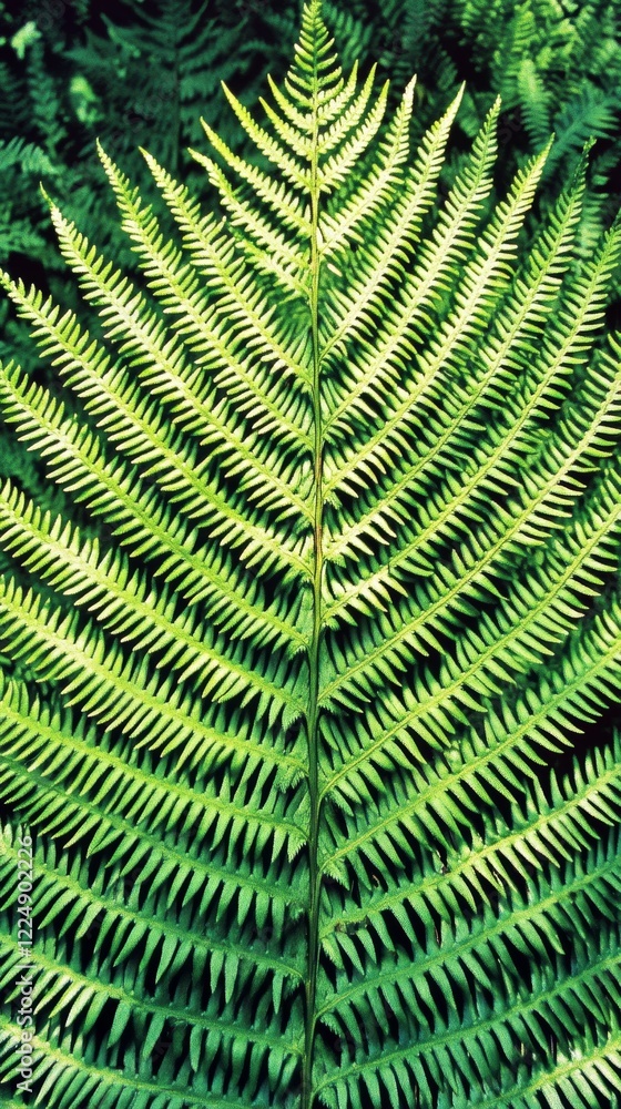 Poster exploring the intricate details of a fern leaf illuminated by sunlight in a lush forest setting