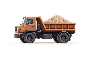 Dump Truck filled with sand isolated on white background. Dump Truck icon. Heavy Machinery. Construction Vehicle with sand. Dump Truck Design Element. Sand-filled Dump Truck isolated.