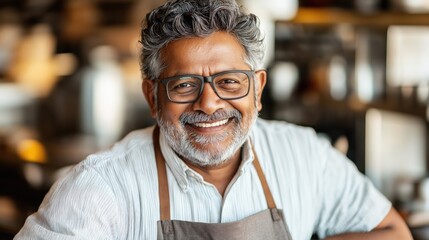 Obraz premium Cheerful Senior Artisan Smiling While Working in a Cozy Café with Warm Lighting, Showcasing Passion for Craftsmanship in a Thriving Community Environment