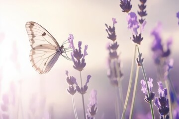 Butterfly on a Flower A monarch butterfly perched on a purple lavender flower under soft sunlight. 