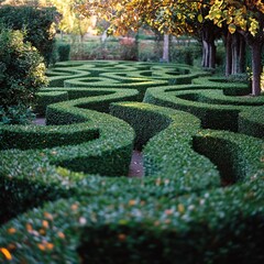 Lush green hedge maze in a garden at sunset.