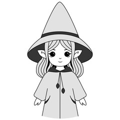 Cute witch girl with long hair wearing a pointed hat and cloak. Black and white cartoon illustration. Halloween and fantasy character concept for design and print