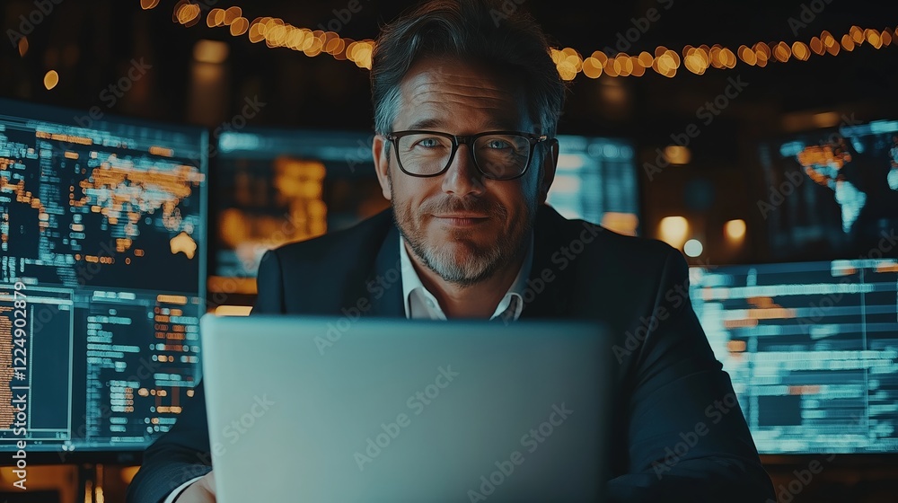 Poster professional man engaged in data analysis amidst multiple screens in a modern workspace, exuding con