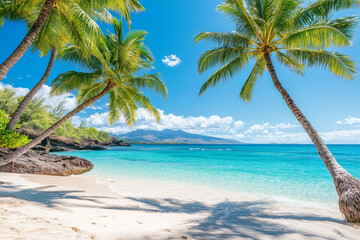 Obraz premium A beautiful beach with palm trees and a clear blue ocean