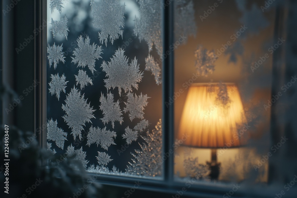 Aufkleber frosted window with intricate ice patterns and warm lamp glow on a cold winter evening