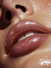 Fototapeta premium Close-up of sparkling glossy lips with shimmering highlights and soft skin texture captured in soft lighting