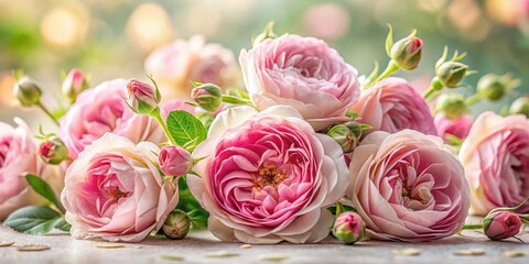 Fototapeta premium Freshly picked Damask rose heads with delicate petals and thorns in a soft focus background , botanical illustration, flower closeup