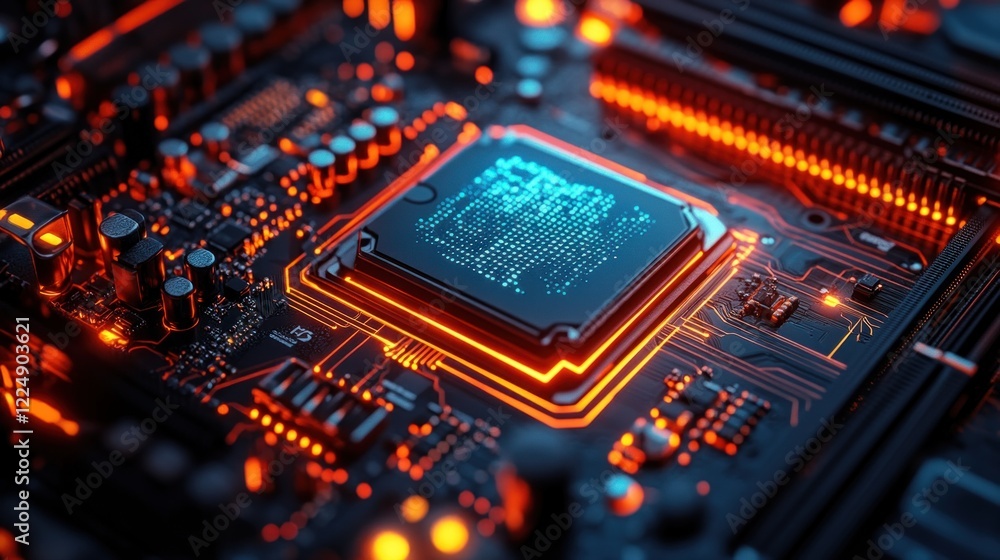 Poster close-up view of a high tech computer circuit board with glowing components