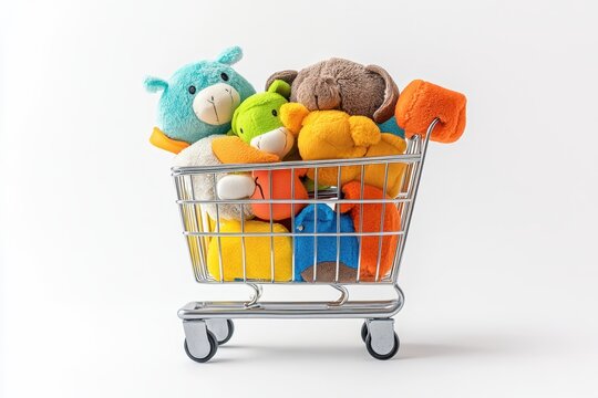 Colorful Plush Toys in Shopping Cart on White Background for Child's Play and Delight
