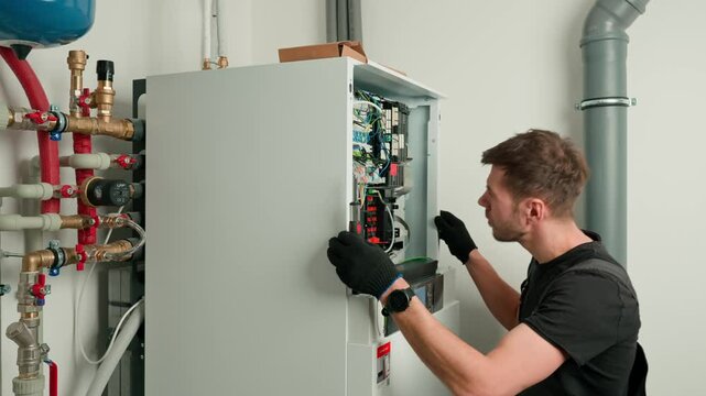 Technician working on internal wiring of heat pump, inspecting electrical connections. Specialist servicing heating and cooling system. Electrician with screwdriver tightening screws on control panel