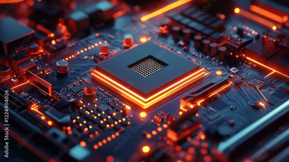Poster close-up view of a computer motherboard with illuminated components and circuitry design