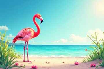 Fototapeta premium Pink Flamingo Gracefully Stands on a Pristine Beach, Basking in the Warm Sunshine, Amidst Lush Vegetation and Delicate Flowers
