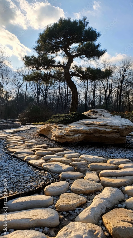 Poster stone path leads to a tree in a garden with a large rock and a forest in the background