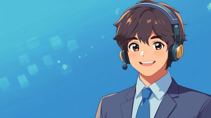 Friendly Male Character with Headset on Bright Blue Background