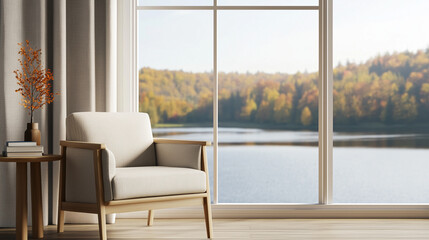 Fototapeta premium A serene reading corner featuring a cozy armchair, a side table, and a window with a peaceful lake view. Perfect for relaxation, comfort, and interior design themes.