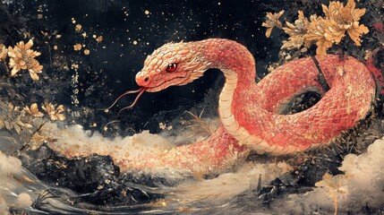 A Majestic Red Snake, Adorned With Gold Accents, Gracefully Coils Amidst A Dramatic Landscape Of Dark Rocks, Golden Flowers, And Swirling Mists. The Piece Evokes A Mystical, Powerful Feeling.