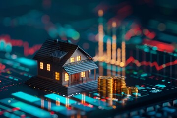 Un grafico in crescita su uno schermo digitale accanto a una casa in miniatura e una pila di monete d'oro, una rappresentazione visiva del reddito passivo derivante da affitti a lungo termine