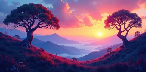 Serene Sunset Panorama Majestic Trees on Rolling Hills, Vibrant Sky Hues, Misty Valley Below
