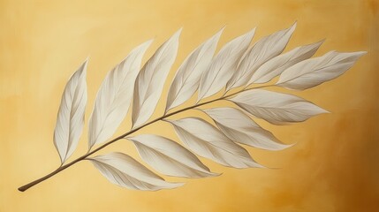 Pale branch, elongated leaves, yellow background.