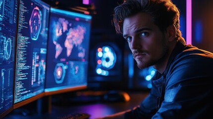 Fototapeta premium Focused young man programmer looking at camera while working late at night on multiple monitors displaying code and data.