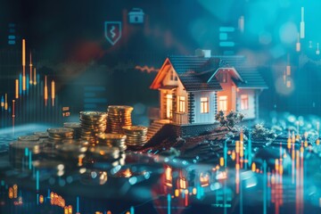 Un grafico in crescita su uno schermo digitale accanto a una casa in miniatura e una pila di monete d'oro, una rappresentazione visiva del reddito passivo derivante da affitti a lungo termine