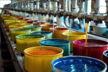 Colorful paint filling industrial buckets. Illustrates mass production and vibrant color mixing for various applications.