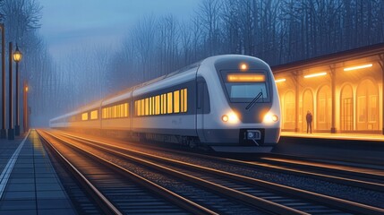 Naklejka premium a train station at dawn, with a train arriving, passengers waiting