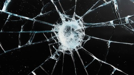 Fractured glass with a spider web pattern creating an intricate design throughout the surface in an artistic display of fragility and chaos during daylight