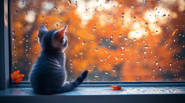 Grey kitten looking outside a rainy window on an autumn day - Powered by Adobe