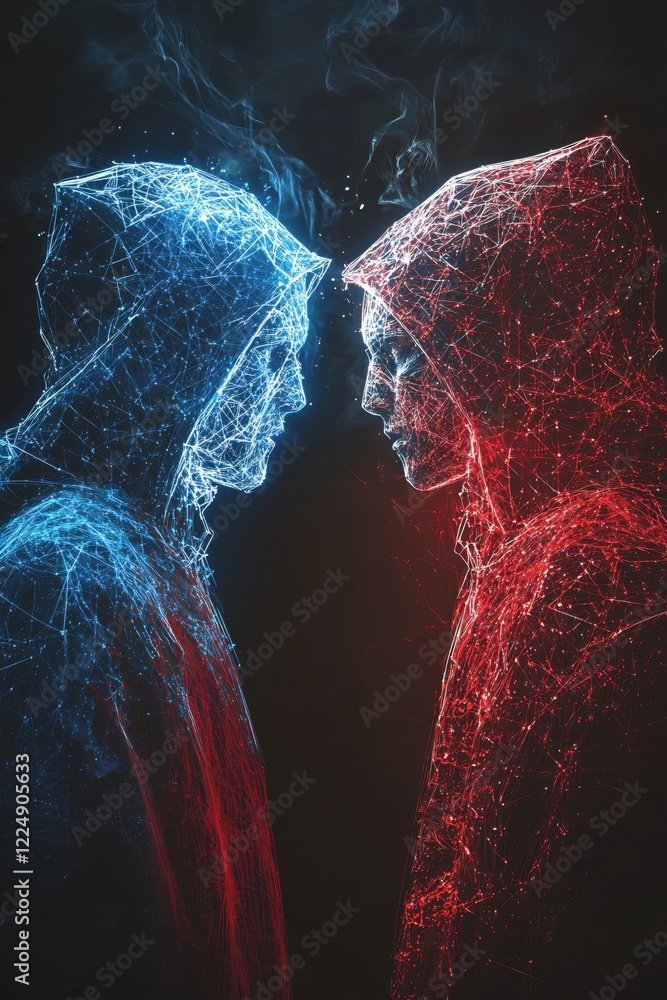 Poster abstract digital figures with glowing lines facing each other in a dark background