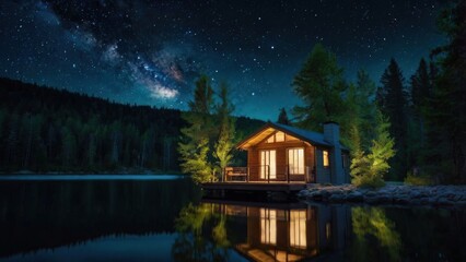 Fototapeta premium Secluded Lake Cabin Under Milky Way: A cozy cabin nestled on a tranquil lake, illuminated from within.
