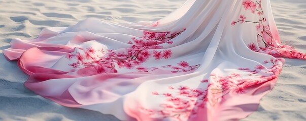 Elegant Summer Kaftan with Pink Floral Design on a Pristine White Canvas