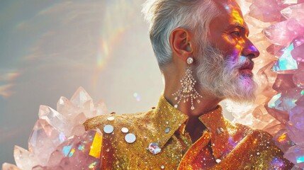 portrait of an elderly man with a silver beard, adorned in a shimmering golden outfit, luxurious diamond jewelry, and surrounded by iridescent crystals