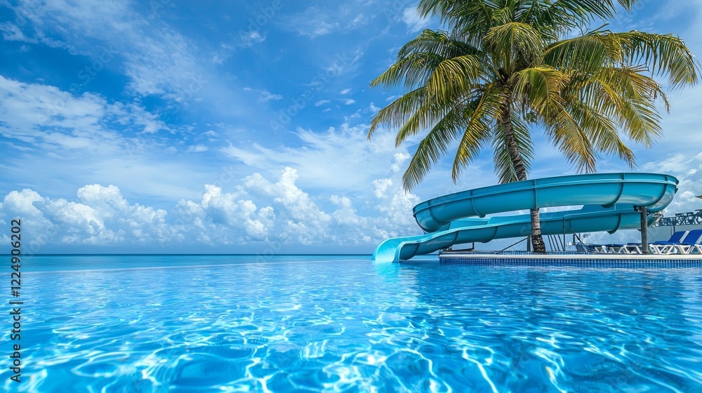 Poster sunlight dances on the crystal-clear water of a blue pool, creating ripples around a fun slide. a ta