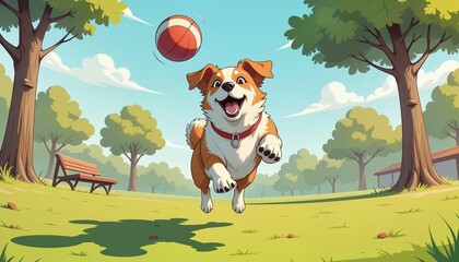 Naklejka premium Energetic dog jumping to catch a ball in a sunny park, joyful playfulness