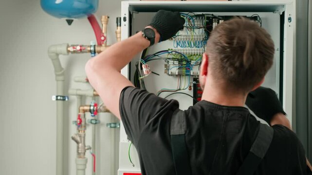 Technician working on internal wiring of heat pump, inspecting electrical connections. Specialist servicing heating and cooling system. Electrician with screwdriver tightening screws on control panel