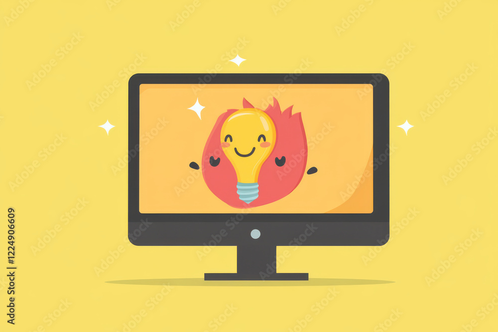 Poster computer monitor displaying cheerful light bulb character with flame design on bright yellow backgro