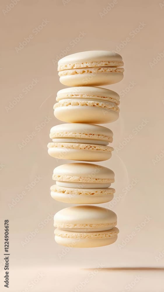 Poster six beige macarons stacked elegantly and levitating against a soft beige background, creating a visu