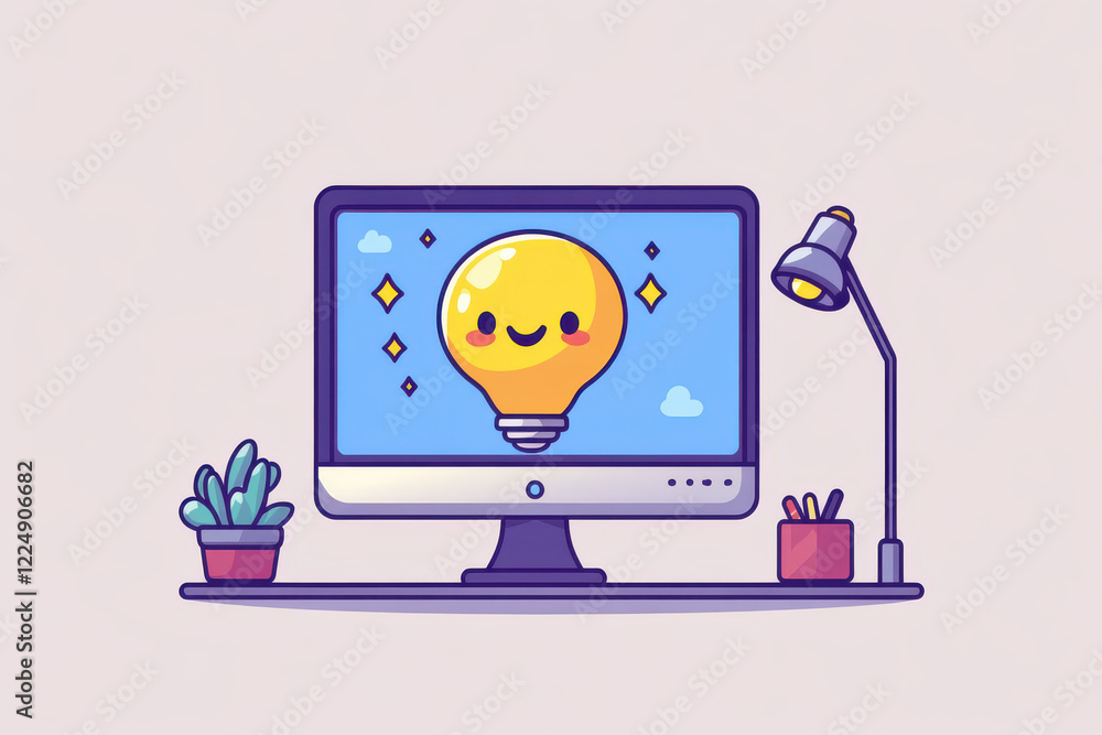 Poster colorful computer monitor displaying cheerful light bulb character, surrounded by plant and desk lam