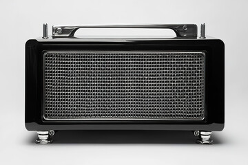 Fototapeta premium Old black multiband radio receiver with an external transverse antenna on the top panel, with two protruding chrome handles on the front panel, the speaker looks through the metal grille