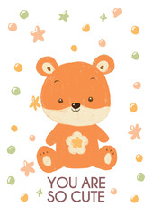 teddy bear with a flower. Childrens cute poster with colorful charcoal bear illustration and playful elements. Perfect for kids' decor and prints