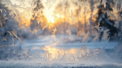Frosty morning sunrise through a snowy window with delicate ice patterns