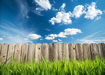 Rustic Wooden Fence, Blue Sky, Green Grass - Idyllic Summer Stock Photo