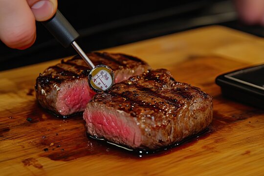 A person using a meat thermometer to check the temperature of a perfectly grilled steak